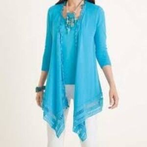 Chico's Linen Cardigan Women MP Blue Boho Resort Beachy Relaxed Vacation‎ NWT